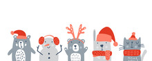 Set Of Cute Kids Christmas Animals Bear, Snowman Cute Rabbit And Cat. Vector Baby Winter Illustration For Nursery T-shirt, Kids Apparel, Invitation Card, Poster. Simple Scandinavian Child Design