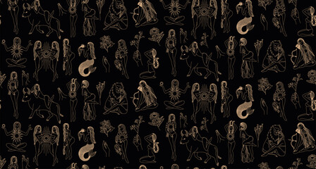 Wall Mural - seamless pattern - signs of the zodiac. gold illustration of astrological signs on a dark background
