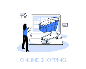 Leinwandbilder - Illustration of online shopping symbol with a computer and shopping cart. Easy to use for your website or presentation.