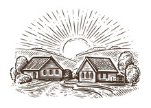Village With Fields And Sun. Farm, Agriculture Sketch Illustration Vector