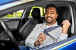 © Syda Productions - transport, safety and people concept - happy smiling indian man or driver fastening seat belt in car