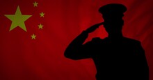 Animation Of Flag Of China Over Silhouette Of Soldiers
