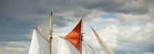 An Elegant Two-masted Gaff Schooner (training Tall Ship) Sailing In Mälaren Lake, Sweden. Sails, Dramatic Sky. Travel, History, Traditions, Transportation, Sailing, Sport, Cruise, Regatta, Teamwork