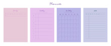 4 Set Of The Daily, Weekly, Monthly And Check Memo Planner (Puple). Retro Planner Bullet Journal Memo Pad. Clear And Simple Printable To Do List. Realistic Vector Illustration.