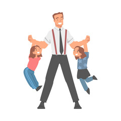 Poster - Dad Businessman Wearing Tie Holding Lifting His Daughter Hanging on His Arm Vector Illustration