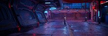Wide Panoramic 3D Illustration Of A Dark Moody Futuristic Cyberp