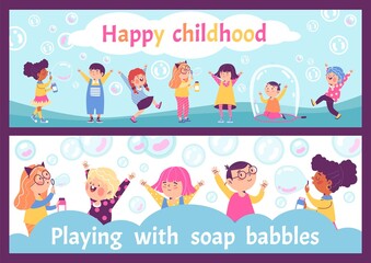 Wall Mural - Festive soap bubble show or children party flyers, flat vector illustration.