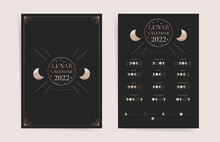 One Page Black Lunar Calendar 2022 Year Card. Modern Boho Moon Calendar 2022 Poster Template Design. Lunar Phases Schedule Concept. Vector Illustration Background. Gothic Monthly Calendar.
