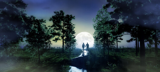 Wall Mural - magical night scene in nature. mountain landscape with big moon in sky. people holding hands standin