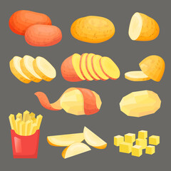 Sticker - Potatoes. Healthy natural vegetables sliced products harvesting cooking food chips of potatoes recent vector illustrations set