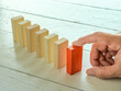 Root cause analysis concept. The finger holds the first tile in the domino line.