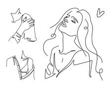 Silhouettes Of A Women In A Shirt With An Open Shoulder. Pretty And Sexy Young Girl. Abstract Minimalistic Sketch In Black Continuous Lines. Great For Postcard, Textiles, Logo ,icon, Avatar.