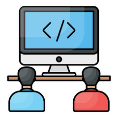 Two persons looking and code on monitor. Pair programming Concept, Agile Methodologies Vector Color Icon Design, Software and web development symbol, Computer Programming and Coding st