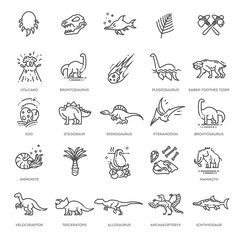 Wall Mural - Set of modern vector plain line design icons and pictogram of dinosaurs species, prehistoric age life