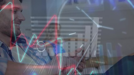 Wall Mural - animation of statistics processing over businessman using laptop