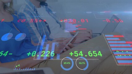 Wall Mural - animation of statistics processing over woman using smartphone