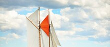 An Elegant Two-masted Gaff Schooner (training Tall Ship) Sailing In Mälaren Lake, Sweden. Sails, Dramatic Sky. Travel, History, Traditions, Transportation, Sailing, Sport, Cruise, Regatta, Teamwork