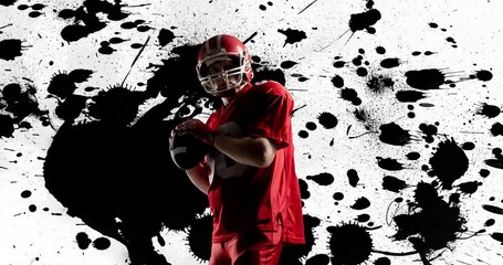 Poster - Animation of american football player holding ball on abstract painted black and white background