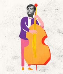 Contemporary art collage, modern design. Retro style. Young sad man playing drawn cello on light background