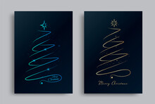 Happy New Year Greeting Card Design With Stylized Gold And Blue Christmas Tree On Dark Background. Vector Illustration