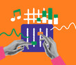 © master1305 - Contemporary art collage, modern design. Retro style. DJ hands and colored equalizer