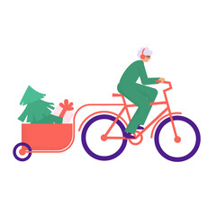 Wall Mural - Senior woman in red hat riding cargo bicycle with Christmas gifts and tree. Elderly lady on bike with presents and Christmas tree in cart. Flat vector illustration