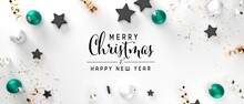 Merry Christmas Message With Baubles And Stars - 3D Render Illustration