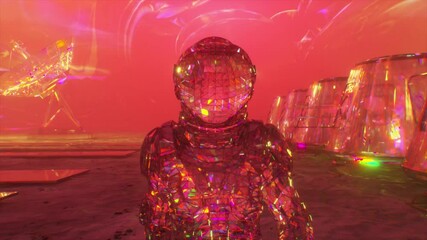 Wall Mural - cosmos concept. a diamond astronaut walks across mars against the backdrop of a space base. pink col