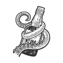 Octopus Tentacle With A Bottle Of Rum Sketch Engraving Vector Illustration. T-shirt Apparel Print Design. Scratch Board Imitation. Black And White Hand Drawn Image.
