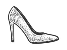 Woman High Heel Shoe Sketch Engraving Vector Illustration. T-shirt Apparel Print Design. Scratch Board Imitation. Black And White Hand Drawn Image.