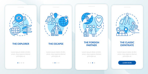 Wall Mural - expats types blue onboarding mobile app page screen. moving abroad reasons walkthrough 4 steps graph