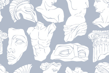 Vector seamless pattern with antique marble statues with broken elements. Greek classic ancient of Venus, amphora. Hand drawn mythical trendy vector