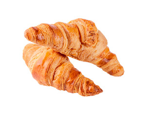 Two French croissants close-up isolated on white background.