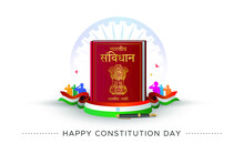 Indian Constitution Day Samvidhan Divas. People Celebrating With Tricolor Flag And Democracy Law Book Of Ambedkar Bhim Rao Poster Design
