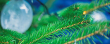 Green Branches Of A Christmas Tree With Christmas Toys