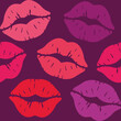 Happy Valentines Day background with kiss print. Seamless vector pattern. Red, pink and purple colors.