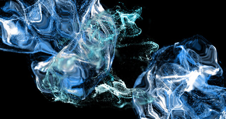 Image of white and blue particles and liquids moving on black background