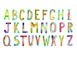 colorful watercolor alphabet isolated on white background, multicolored alphabet letters for depot dosine, the letters are drawn with a brush in bright color