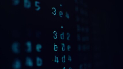 Macro video of a binary code flowing. Futuristic concept for programming binary languages. Close up background of a hacker monitor with programming code.