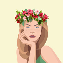Portrait Of A Girl With Freckles And A Flower Wreath On Her Head. Young Woman With Flowers In Her Hair. Template For Spring Banner, Postcard, Poster, Invitation. Happy Women's Day.Vector Illustration.