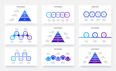 Set of nine infographics templates. Slides with pyramids, diagrams and timelines elements. Business data visualization concept. Vector illustration for presentation or statistical report