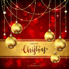 Wall Mural - Golden Christmas Balls on Red Background with Snowflakes