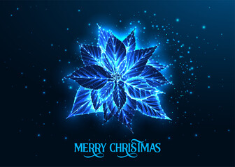 Wall Mural - Glowing Christmas digital greeting card template with poinsettia flower and text on dark blue