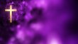 Christian Cross on liturgical purple horizontal copy space background loop. 3D illustration for online worship and social media greetings to represent Advent, Lent season and wealth, power and royalty