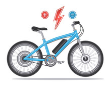 Electric Bike With Electrical Motor Wheel. E-bike, Hybrid Bicycle With Electro Power Engine, Pedal Assist System, Energy Accumulator Battery. Speed Street Two Wheeled Transport, Ecologic Ride. Vector
