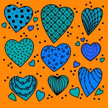 Green Blue Hearts With Patterns On An Orange Background. Set Of Isolated Hearts For Valentine's Day. Festive Background. Collection Of Elements For Festive Design And Creative Ideas.