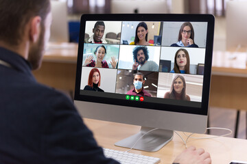 multiethnic college students distance learning virtual remote class, group online interactive lesson