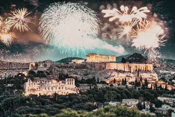 Sticker - fireworks over Athens, Acropolis and the Parthenon, Attica, Greece - New Year celebrations