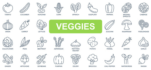Poster - Veggies concept simple line icons set. Bundle of tomato, cucumber, spinach, eggplant, cabbage, onion, carrot, pumpkin, beetroot and other. Vector pack outline symbols for website or mobile app design