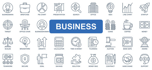 Fototapete - Business concept simple line icons set. Bundle of businessman, briefcase, presentation, startup, target, businesswoman, goal and other. Vector pack outline symbols for website or mobile app design